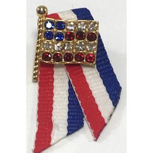 Gold Tone Rhinestone Patriotic American Flag Tie Tack Lapel Pin w/ Ribbon
